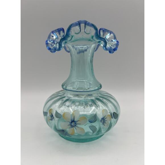 Fenton Hand Painted Aquamarine Optic Glass Vase Crimped Edge Cobalt Blue Crest
